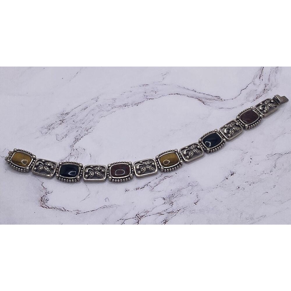 DESIGNER STERLING SILVER ONYX TIGER'S EYE JASPER STONES BRACELET